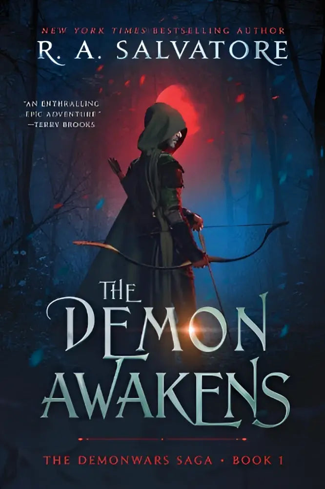 The demon awakens boekomslag toont een donkere, met kap bedekte figuur met boog tegen een blauw-rode bosachtergrond uit demonwars saga boek 1