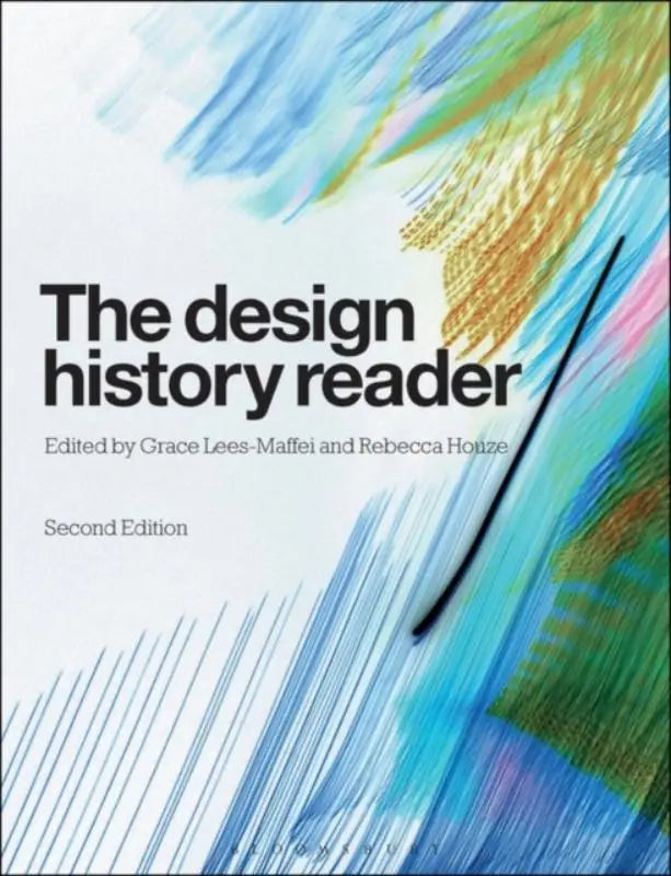 De design history reader tweede editie is een boek met een kleurrijke abstracte omslag in blauw, groen en goud