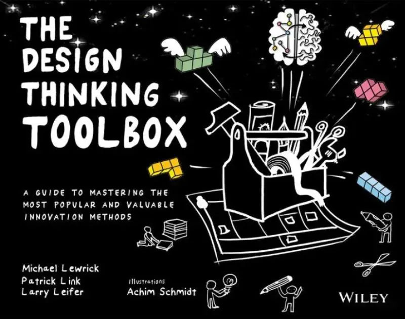 De design thinking toolbox boekomslag met zwart achtergrond en witte lijntekeningen van gereedschap en creatieve elementen