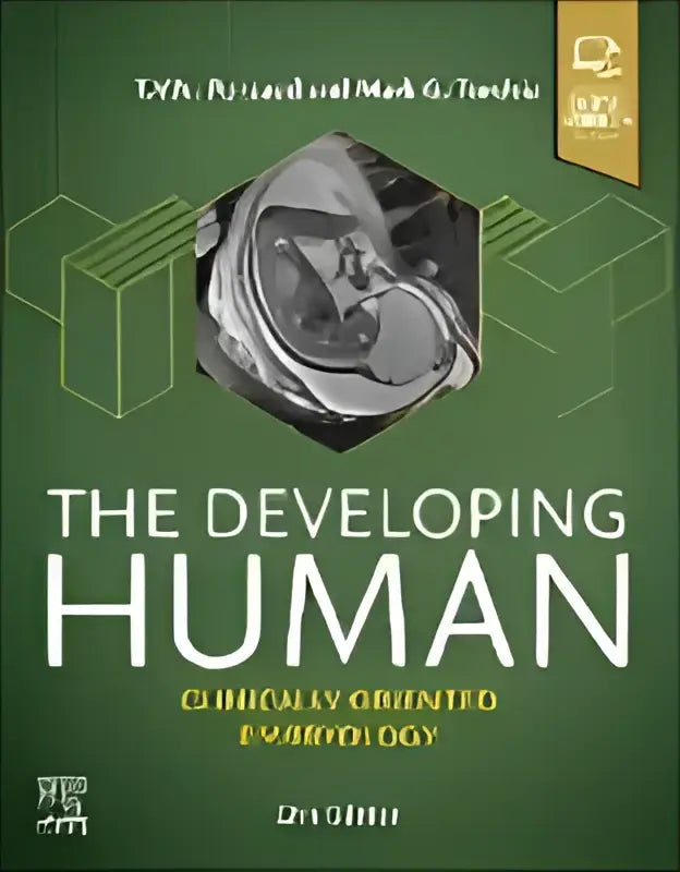 Green hardcover book the developing human clinically oriented embryology 23rd edition with circular diagram on cover
