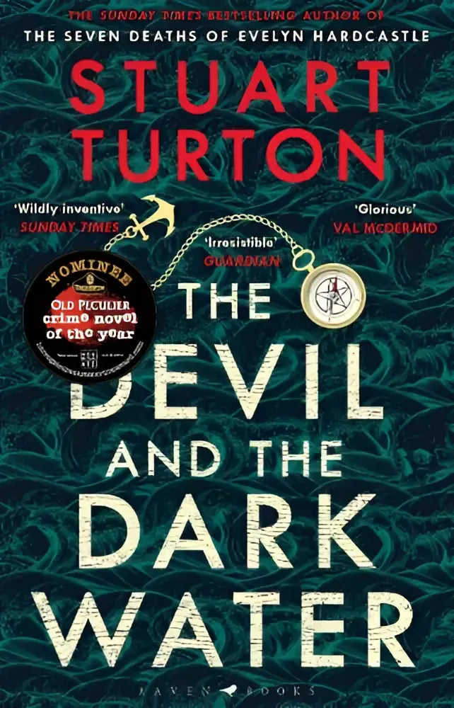 The devil and the dark water is a dark teal book cover with white distressed lettering for the title by the bestselling author