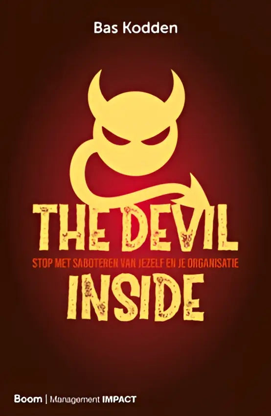 The devil inside boekomslag met gestileerd geel duivel logo op donkere rode achtergrond voor zelforganisatie stoppen