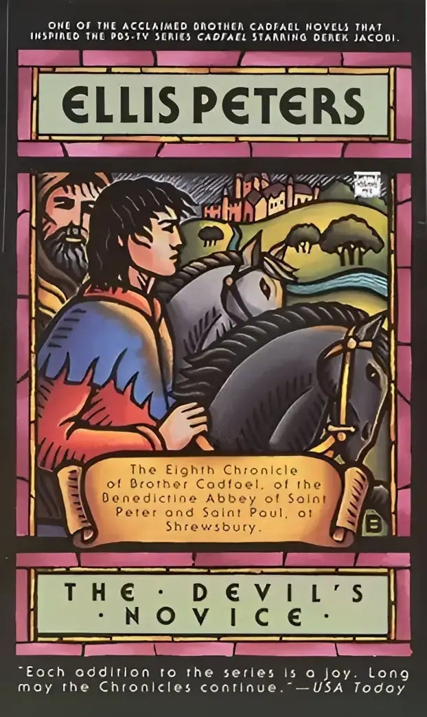 The devil’s novice book 8 in the brother cadfael series by ellis peters with stained-glass-style cover of two men and horses