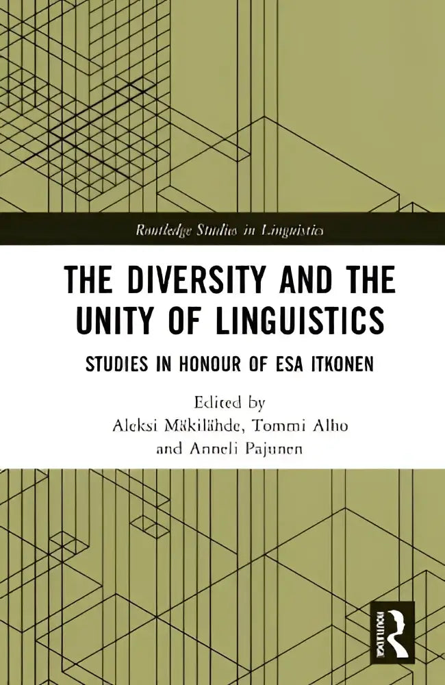 De boekcover van the diversity and the unity of linguistics toont een minimalistisch ontwerp in olijfgroen met esa itkonen