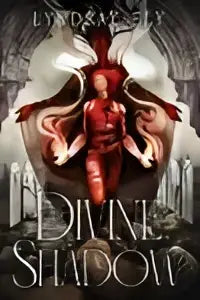 De cover van het boek the divine shadow toont een rood gepantserd figuur met vleugels tegen een donkere achtergrond