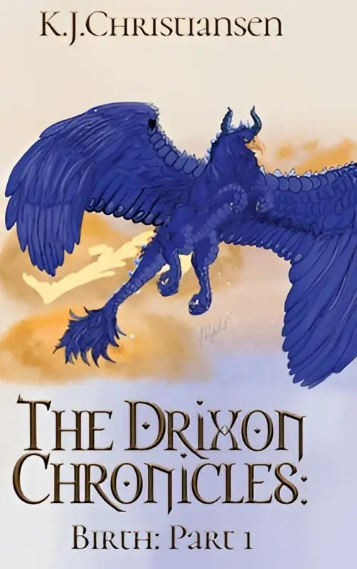 Een diepblauwe draak met gespreide vleugels en hoorns in fantasy stijl voor the drixon chronicles part 1