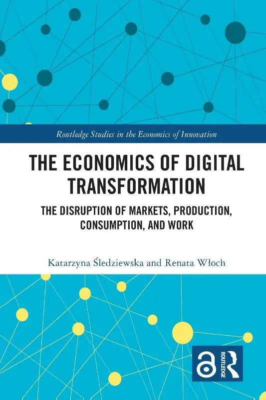 Blauw en geel netwerkpatroon boekomslag voor the economics of digital transformation over digitale economie trends