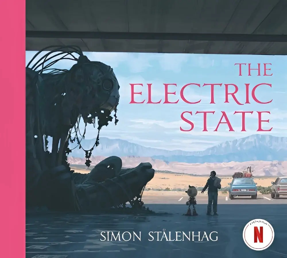 The electric state graphic novel cover shows a dark metallic mechanical beast with wiring and chains in a desert