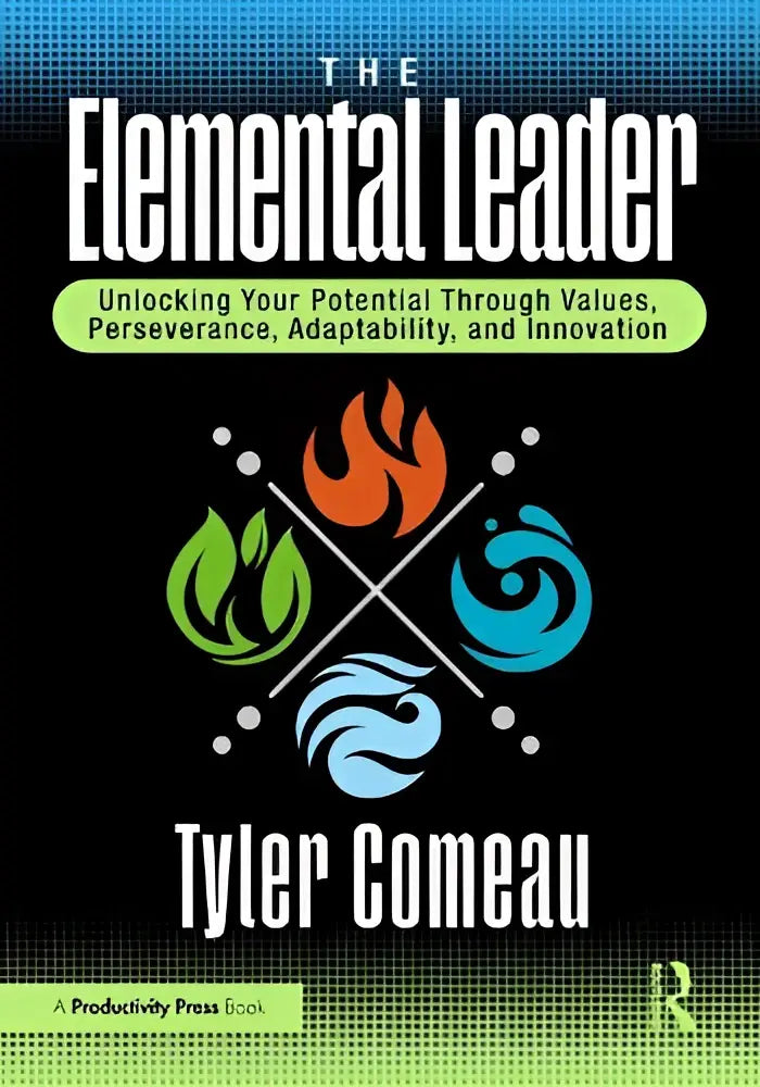 The elemental leader book features a black cover with green orange and blue symbols for unlocking your potential through values