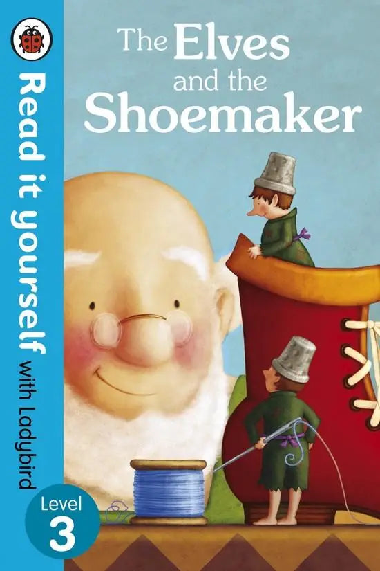 The elves and the shoemaker kinderen leren lezen met een vrolijke tekening van een kabouter schoenmaker en een rode schoenendoos