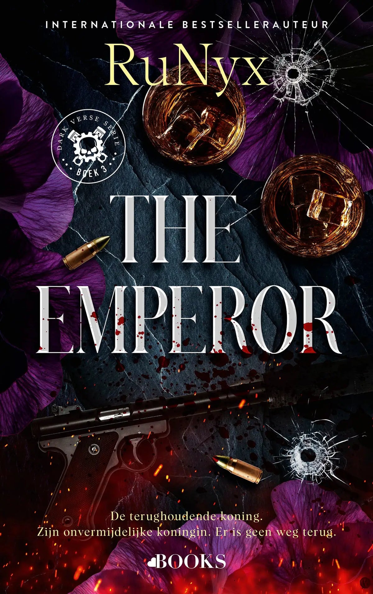 Boekcover the emperor van runyx met paarse bloemen, gebroken glas, kogels en whiskyglazen voor dark verse en love books fans
