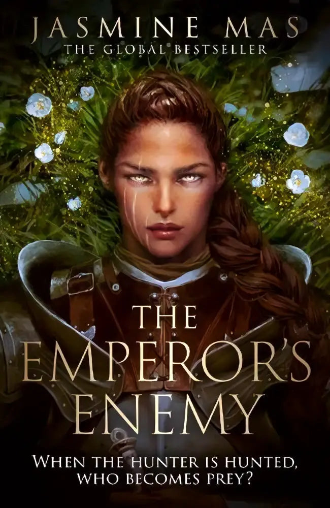 The emperor’s enemy boekomslag met een vrouw in sierlijke donkerbruine en metalen harnas met gedetailleerd ontwerp