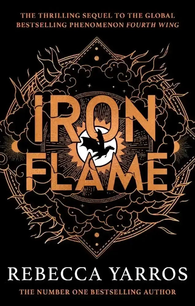 De boekomslag van iron flame door rebecca yarros toont oranje letters en goudkleurige drakenontwerpen in the empyrean set threshing day