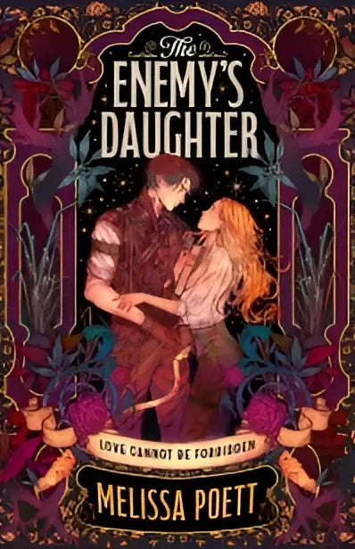 The enemy’s daughter boekomslag met een donker romantische illustratie in bordeauxrood en diep paars
