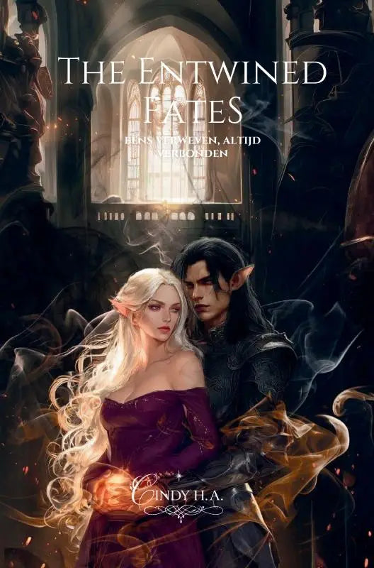 De cover van the entwined fates door cindy h.a. toont twee elfachtige figuren in donkere, gotische stijl tegen een kathedraal achtergrond