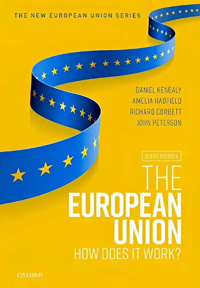 Blauwe lint met gouden sterren en europese unie vlagontwerp op gele achtergrond voor the european union how does it work