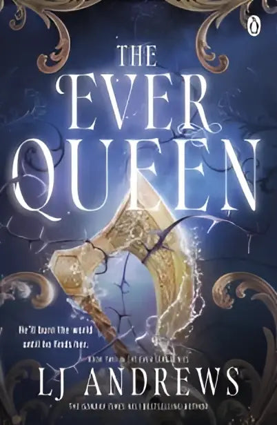 The ever queen boekomslag met een gloeiende gouden klok op een donkerblauwe en paarse mystieke achtergrond