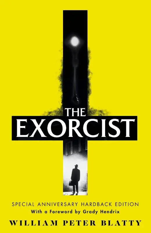 The exorcist special anniversary hardback edition by william peter blatty features a yellow cover with black text and a streetlamp silhouette