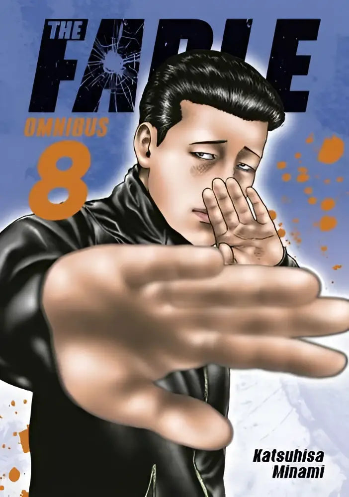 De cover van the fable omnibus 8 toont een man in een zwarte leren jas tegen een blauwe achtergrond