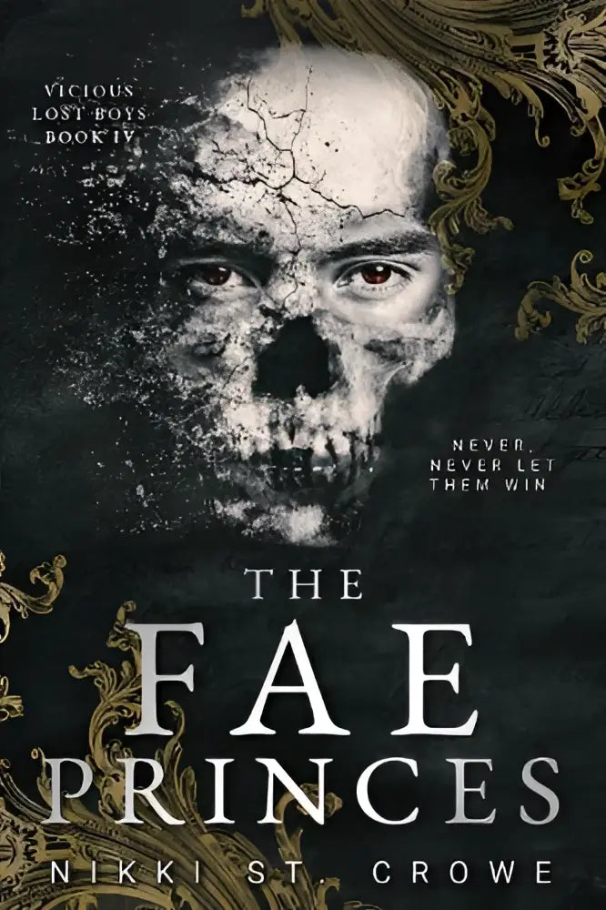 The fae princes book cover features a cracked skull with darkened sockets on a gold embossed background in this pan dark romance novel