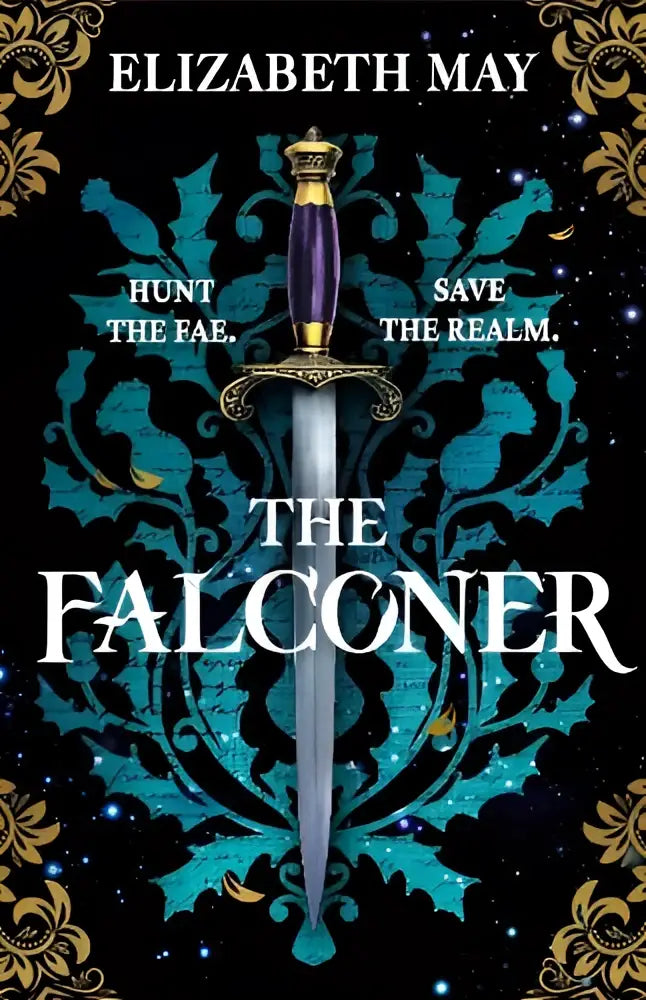 A silver dagger with a purple hilt and gold accents on the cover of the falconer sweeping historical fantasy novel