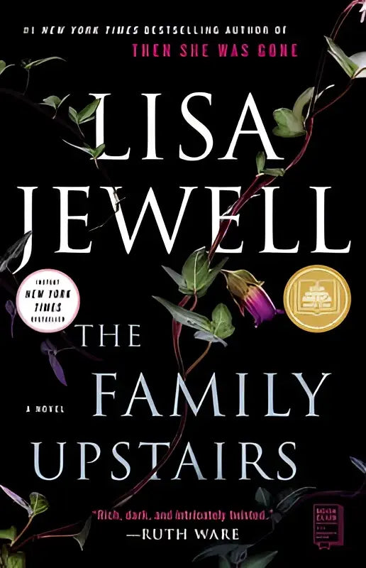 The family upstairs een roman met een donkere kaft en delicate paarse en groene wijnstokken tegen een zwarte achtergrond