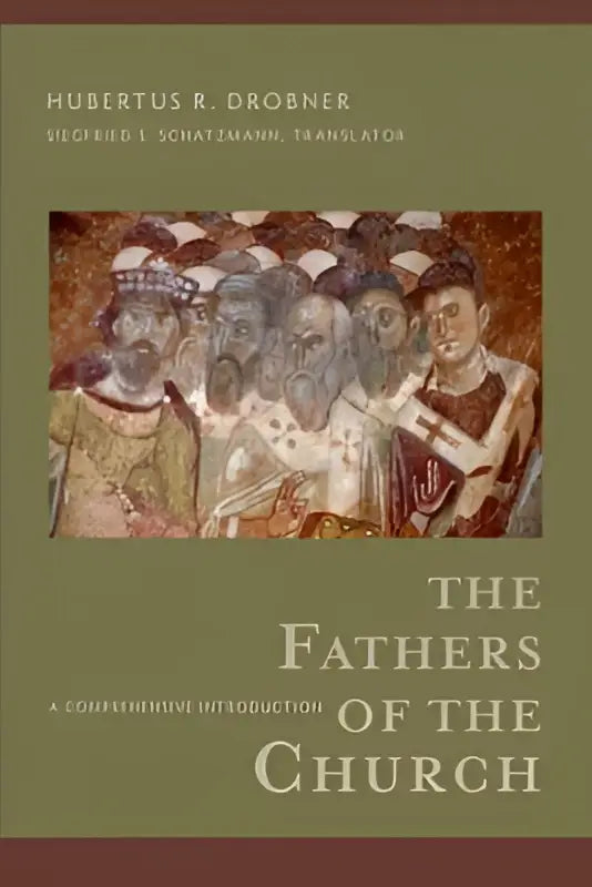 De cover van het boek the fathers of the church toont middeleeuwse figuren en benadrukt early christian thought