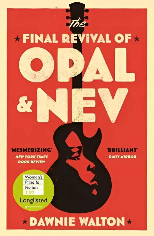 Boekcover met een rode achtergrond en zwarte silhouet van elektrische gitaar voor the final revival of opal & nev, warm en wonderful kiley reid