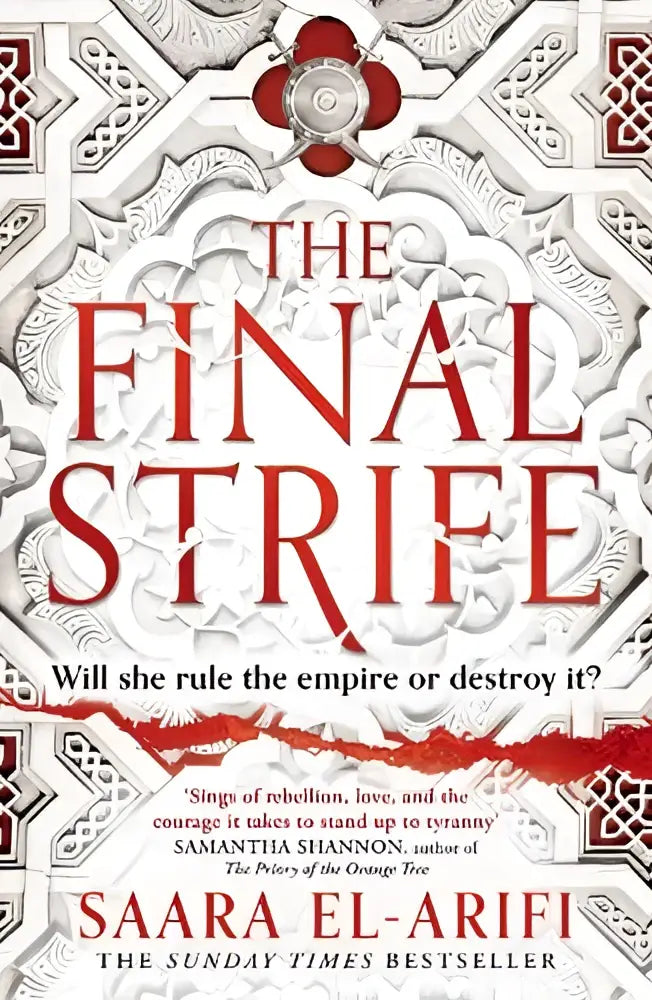 The final strife boek met een witte en rode omslag, rijke geometrische patronen en een centraal decoratief embleem