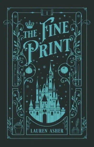 The fine print collectors edition door lauren asher toont een donkerteal omslag met een sierlijk kasteelillustratie en decoratieve randen