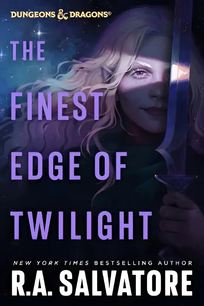 De hardcover van the finest edge of twilight dungeons & dragons toont een vrouw met blond haar en een zwaard bij een sterrenhemel