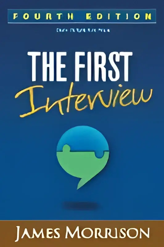 De eerste interview vierde editie boek met blauwe achtergrond, witte en gele tekst en een gestileerde groene globe