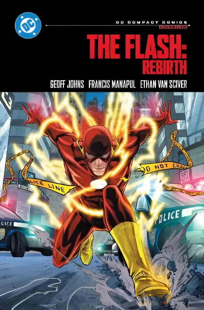 The flash rebirth dc compact comics edition cover shows the flash in red and yellow suit running through a city street