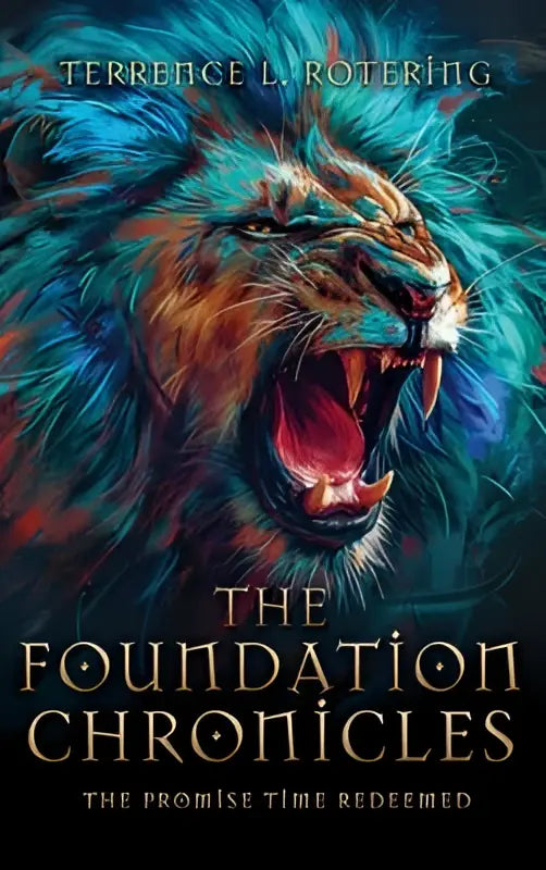 De cover van the foundation chronicles promise time redeemed toont een brullende leeuw met blauwgroene vacht en gloeiende rode ogen