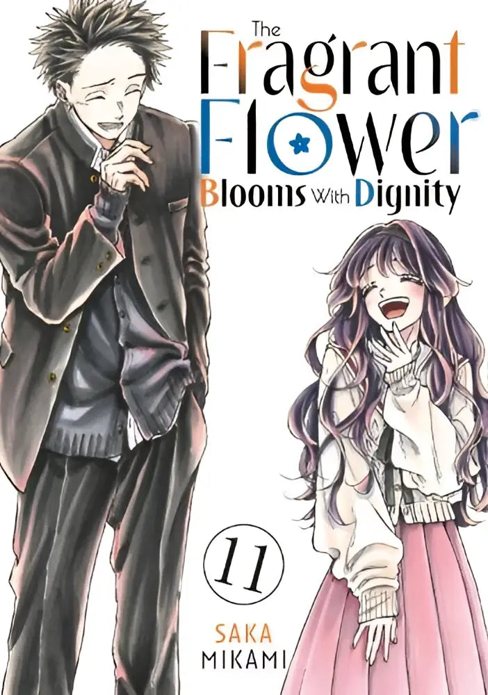 De manga cover van the fragrant flower blooms with dignity volume 11 toont een lachende jongen en meisje in anime stijl