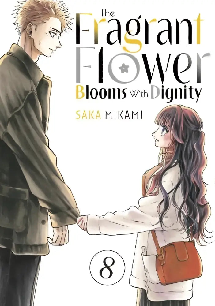 De cover van the fragrant flower blooms with dignity volume 8 toont een vrouw met lang roodbruin haar en een witte jas