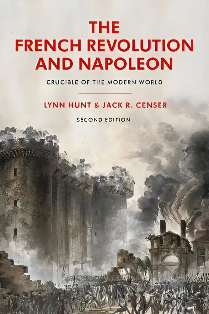 The french revolution and napoleon book cover with muted tones showing a burning fortress and rising smoke