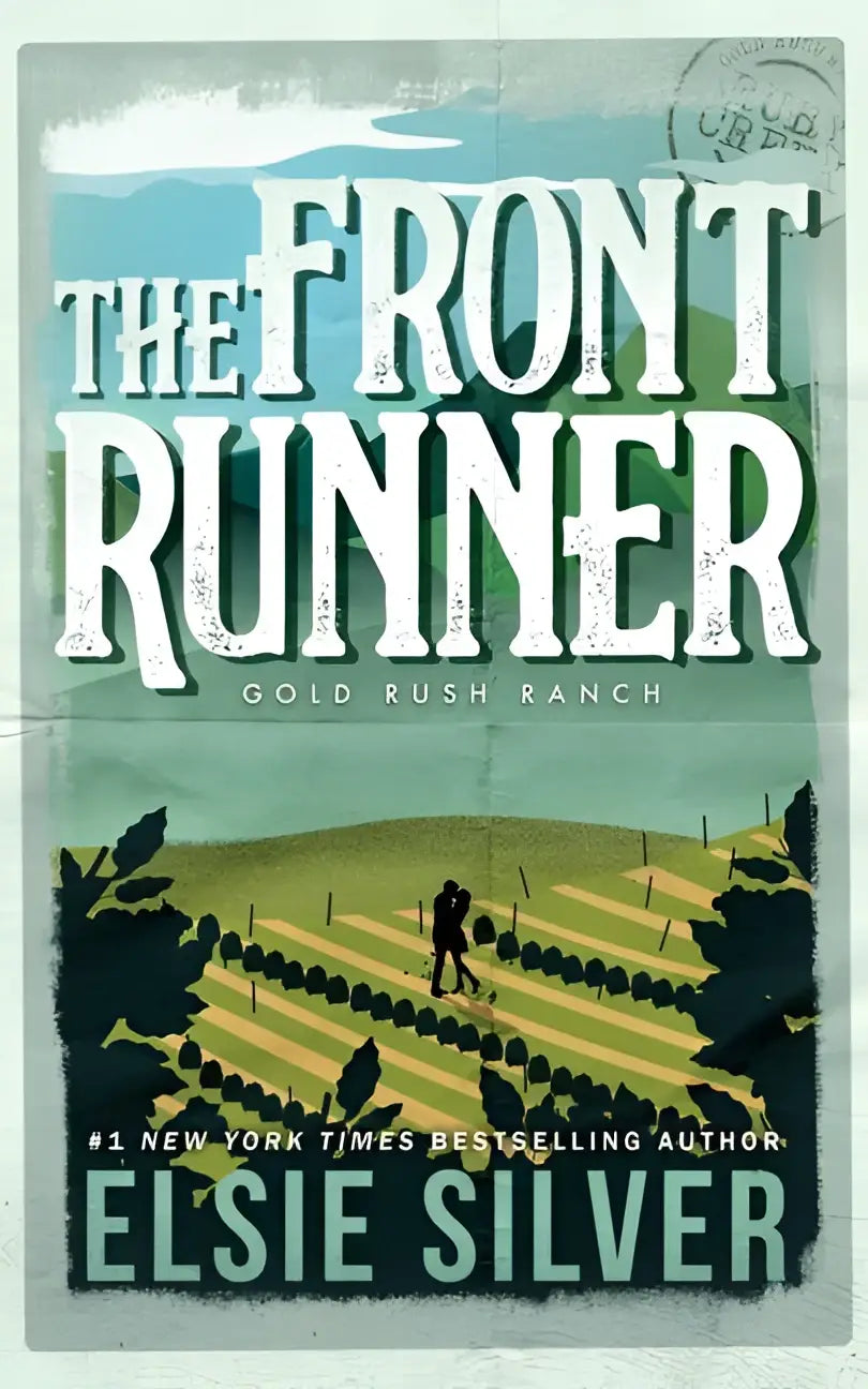 De cover van het boek the front runner gold rush ranch toont witte letters op een vintage teal achtergrond met een figuur in velden