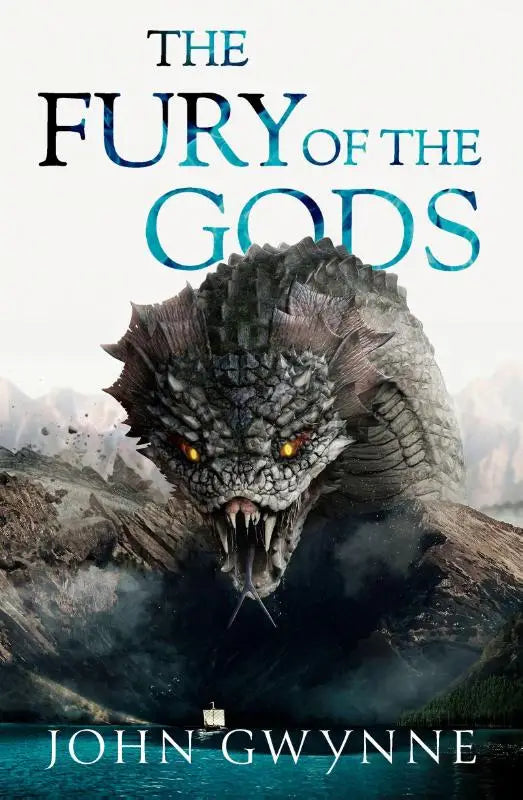 De fury of the gods boekomslag toont een dreigende schubbige draak met gloeiende oranje ogen in de epische conclusie van de new york times bestselling bloodsworn saga