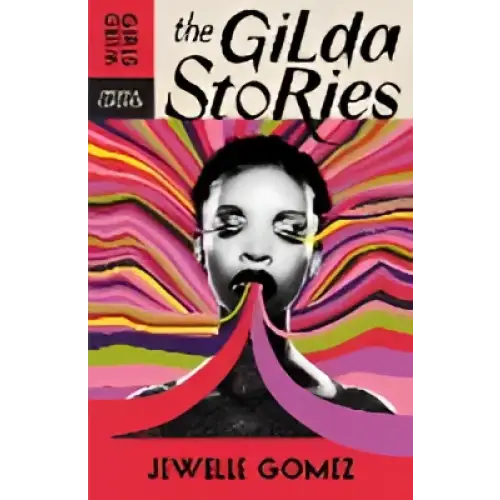 Psychadelische kaft van The Gilda Stories door Jewelle Gomez met zwart-wit portret en roze-paarse gradients