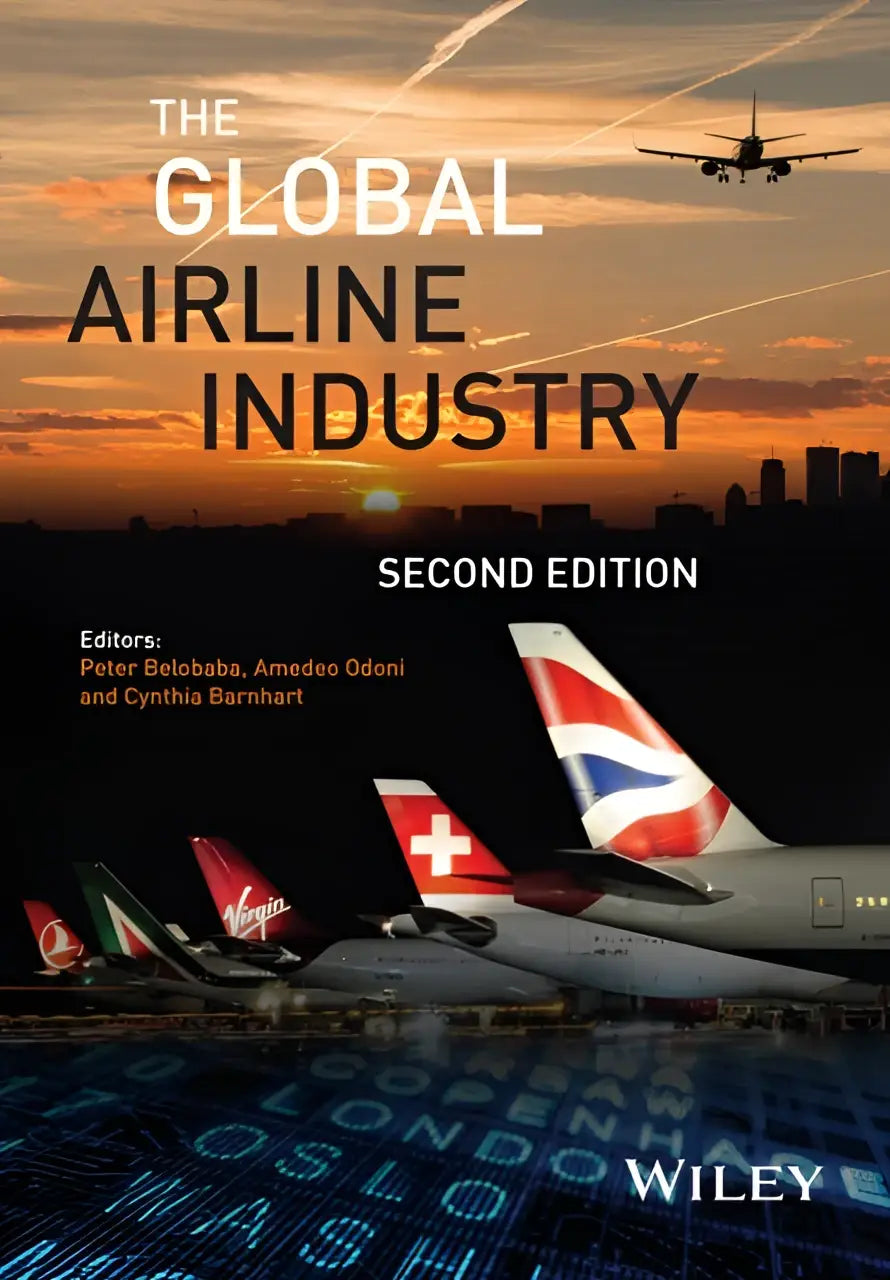 De boekcover van the global airline industry tweede editie door wiley toont een zonsondergang met tails van british airways en virgin