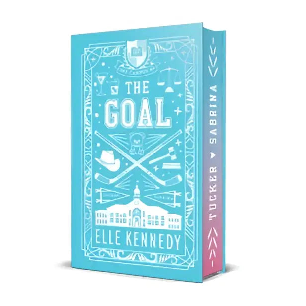 Turquoise hardcover book the goal collectors edition by elle kennedy with white and pink line art illustrations on cover