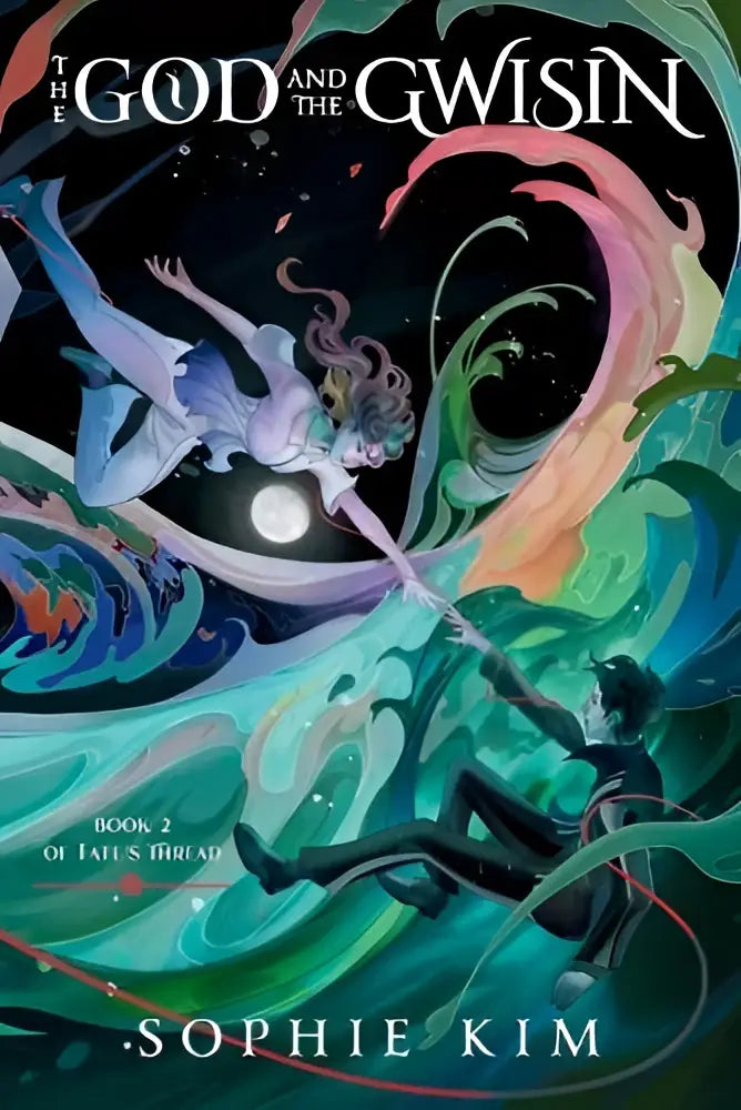 De cover van the god and the gwisin boek 2 toont twee figuren in beweging met teal, groen, paars en oranje tinten