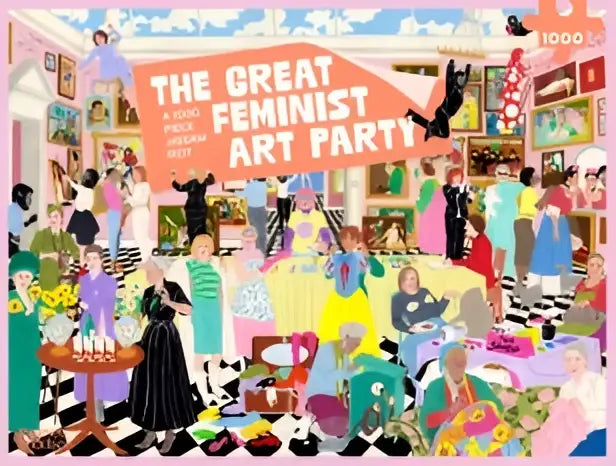 De great feminist art party 1000 piece jigsaw riot toont een kleurrijke illustratie van diverse mensen in een kunstkamer