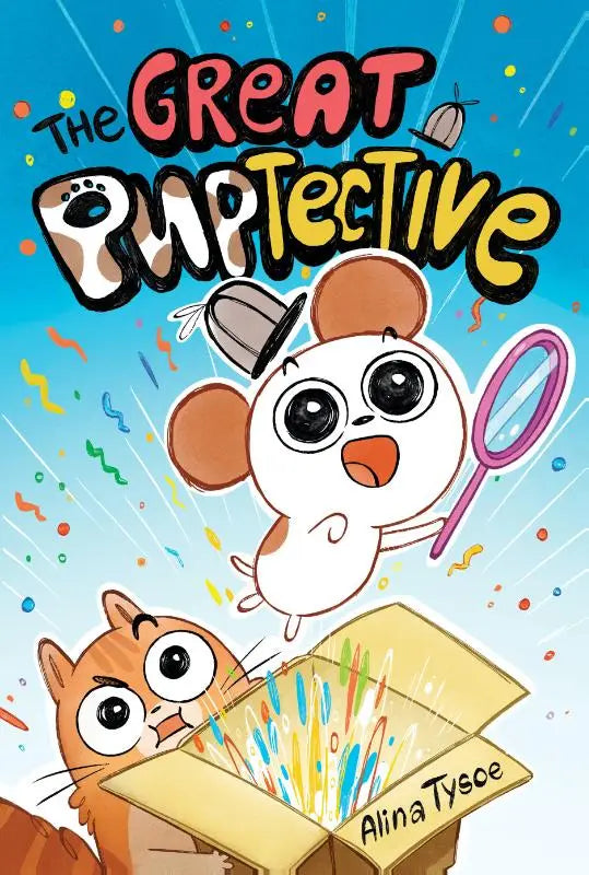 De cover van het kinderboek The Great Puptective toont een cartoon witte en bruine puppy met hoge hoed en roze vergrootglas