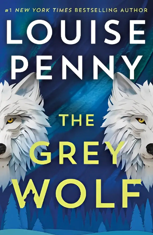 The grey wolf book cover shows two white wolves with yellow eyes symbolizing the three pines community faces a deadly case