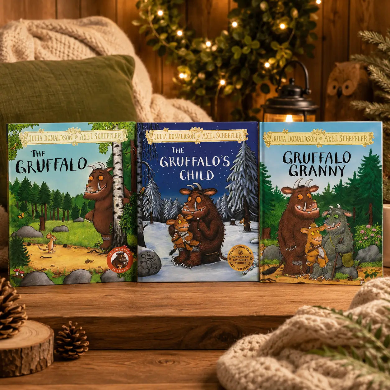 Drie harde kaft kinderboeken uit de gruffalo serie door julia donaldson en axel scheffler met kleurrijke illustraties
