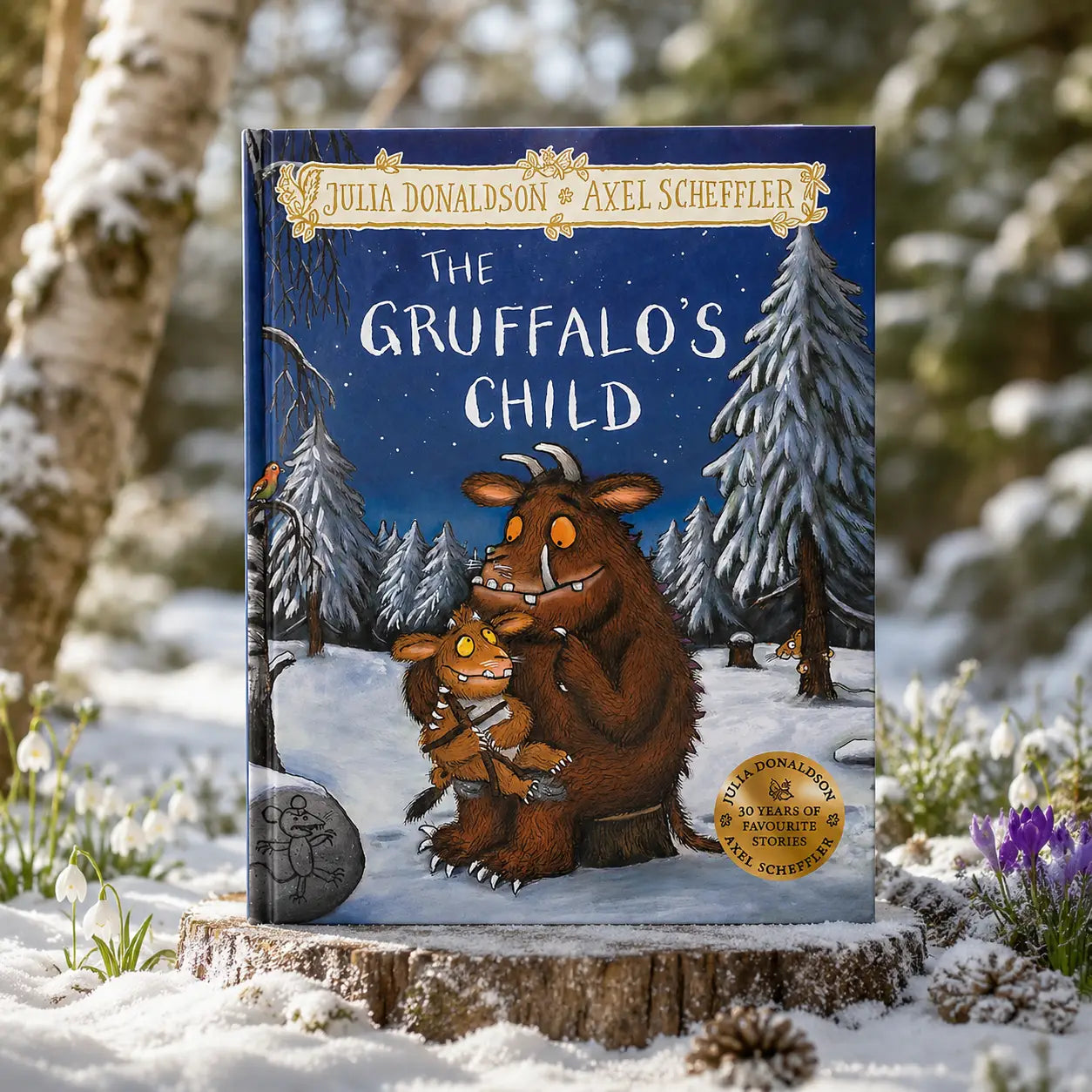 The gruffalo’s child hardback gift edition by julia donaldson and axel scheffler with vibrant blue snowy forest cover