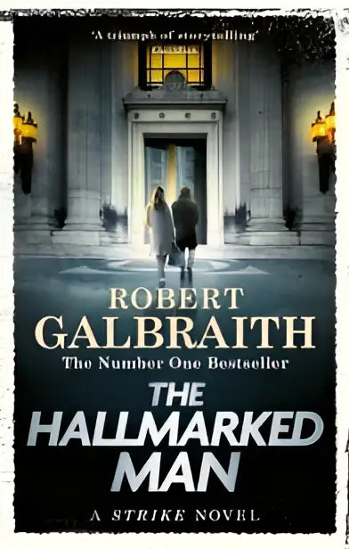 The hallmarked man cormoran strike book 8 thriller novel with black and white cover showing two silhouetted figures