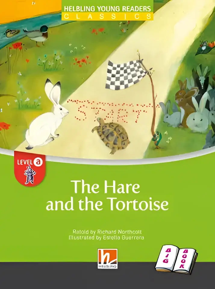 Groene kinderboekhoes De haas en de schildpad big book met witte haas en bruine schildpad op racebaan